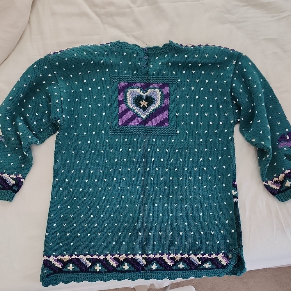 Vintage,Women's Teal and Purple Heart Sweater - Picture 4 of 4